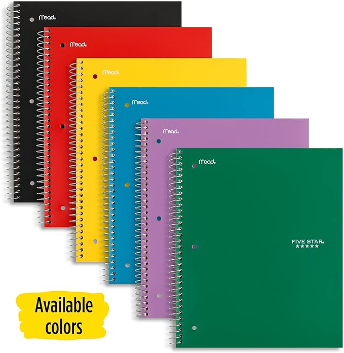 Five Star Spiral Notebook, 1 Subject, Wide Ruled Paper, 10-1/2" x 8", 100 Sheets, Assorted Colors, Color Will Vary, Office Product , 1 Count (05200)