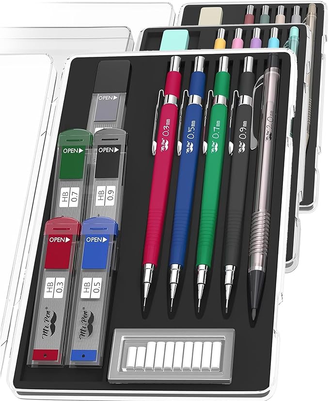 Mr. Pen Mechanical Pencil Set with Lead and Eraser Refills, 5 Sizes - 0.3, 0.5, 0.7, 0.9 and 2 Millimeters, Drafting, Sketching, Illustrations, Architecture, Back to School Supplies
