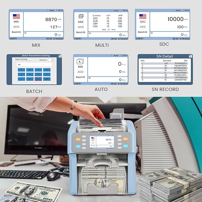 RIBAO MC-165 Two-Pocket Mixed Denomination Money Counter Machine, Value Counting, Blue Bill Counter Multi Currency,2 CIS/UV/MG/IR Counterfeit Detection for Bank, 4.3 inch Large Touch Screen