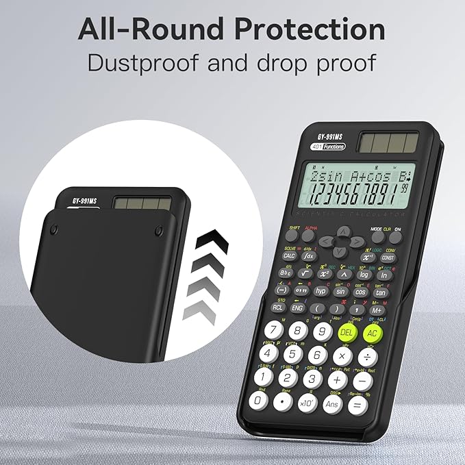 Scientific Calculator School Supplies, ROATEE 991MS 401 Functions 2-Line Display Desktop Calculator with Sliding Cover, Solar Battery Dual Power Kawaii for Middle High School Student and Teacher Black