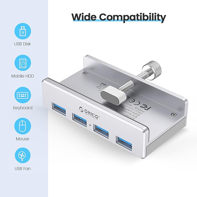 ORICO USB 3.0 Hub, USB Hub Clamp, Aluminum 4-Port USB Splitter with 4.92 FT USB Data Cable, Desktop Powered USB Hub for Monitors/Desks-Silver (Without Power Adapter)