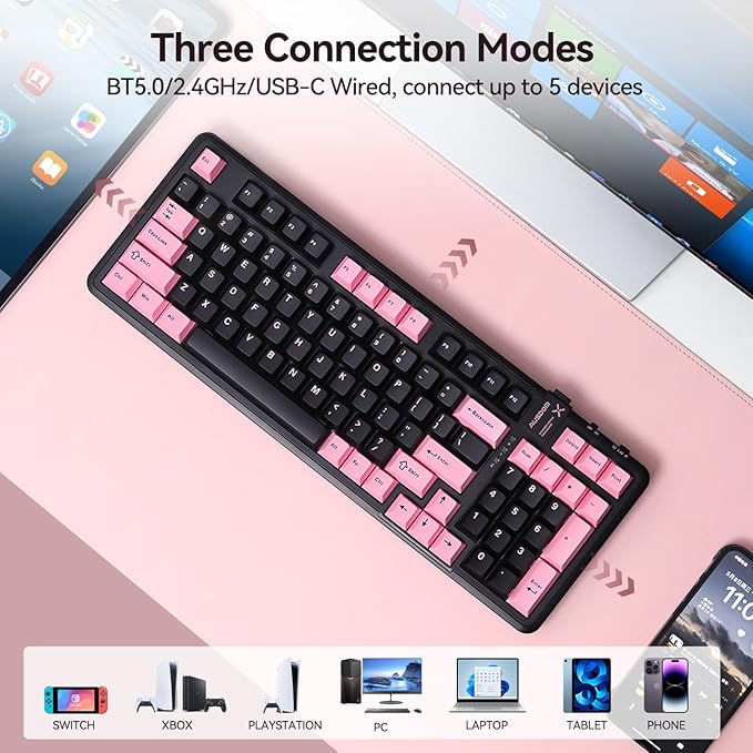 AUSDOM 98Pro Silent Wireless Mechanical Keyboard, Tri-Mode BT/2.4G/USB-C Hot Swappable Custom Quiet Keyboard with Backlit, Gasket Structure, PBT Keycaps, Pre-lubed Tactile Switches(Black Pink 97keys)