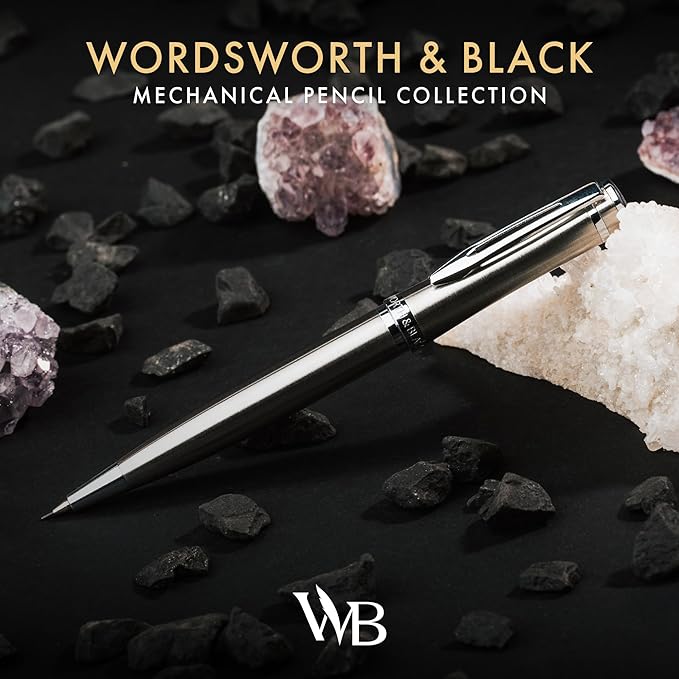 Wordsworth and Black Mechanical Pencil Graphite Lead- Stunning Luxury Metal Pencil, Silver Chrome Finish, 0.7mm Led, Best Gift Set for Men & Women, Professional Executive Office Pencils