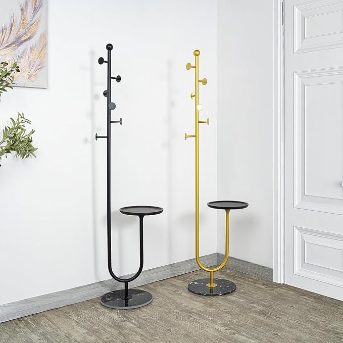 Coat Rack Stand, Metal Coat Tree with Bamboo Tray & 6 Hooks, Heavy Duty Marble Base Corner Coat Stand for Bedroom Hallway Entryway Living Room Office 13.78 x 13.78 x 68.11 Inches (Gold)