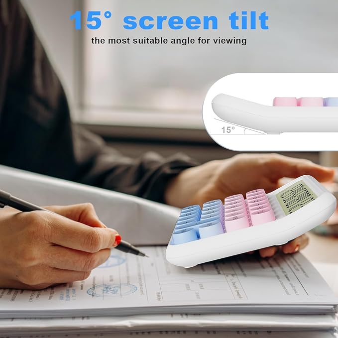 Mechanical Calculator 12 Digit Extra Large 5-Inch LCD Display, DECKLIT Battery Desk Calculator, Big Buttons Easy to Press Office Calculators Desktop, 15°Tilt Screen for Kids Calculator(Blue&Pink)