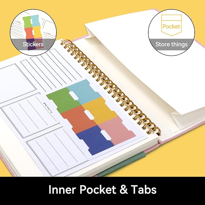 Alltree Lined Journal Notebook, Hardcover Spiral Notebook for Work, Hardcover Spiral Notebook with Tabs, Pen Loop, Pocket, Stickers, 160 Pages, Journal for Women & Men, Pink(6"x8.5")