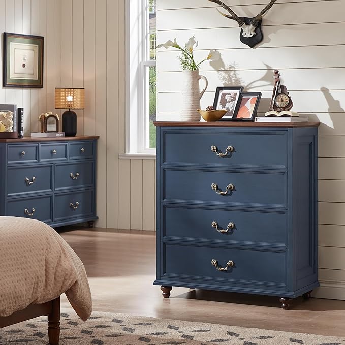 Farmhouse 4 Drawer Dresser for Bedroom, 37" Tall Rustic Chests of Drawers w/ 4 Solid Wood Feet, Mid Century Modern Wooden Closet Storage Dressers Organizer for Living Room, Hallway, Navy Blue