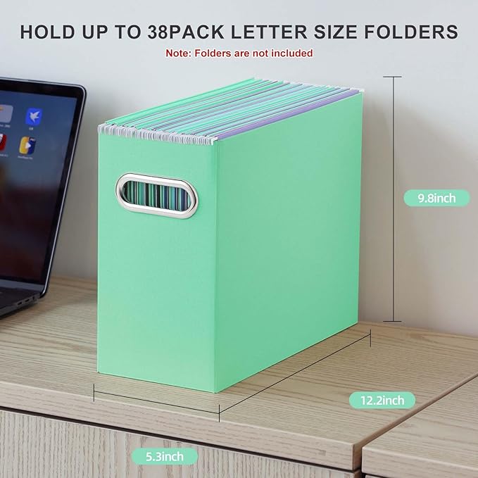 Oterri File Organizer, Small Storage Box, Cardboard File Folder Organizer, Collapsible File Box, Hanging File Organizer for Letter Size, Portable File Box with Handle, Only Box (Mint Green,4 Packs)