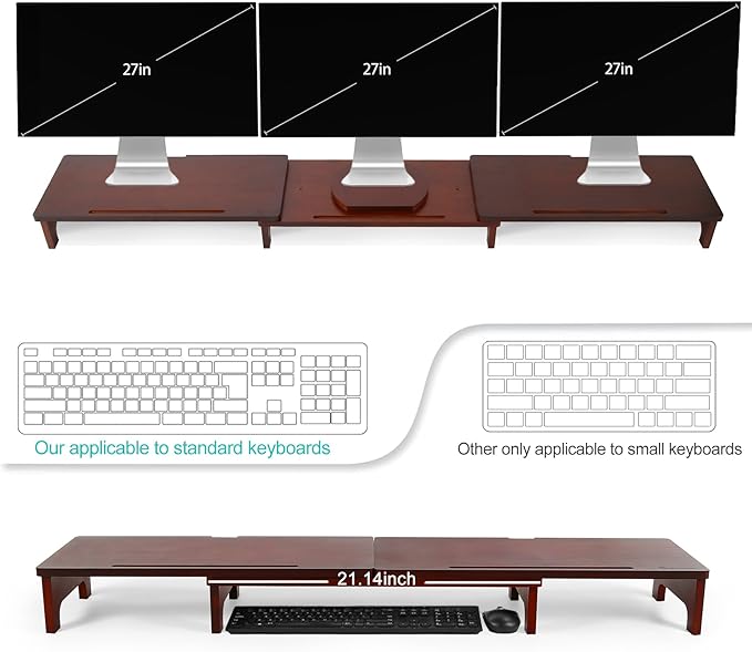 Nnewvante Monitor Stand Riser, Upgrade Height Large TV Riser, 60 inch Large Bamboo Dual Monitor Stand for Desk, 3 Shelves Desktop Screen Riser with Adjustable Length Angle for Computer Laptop Walnut