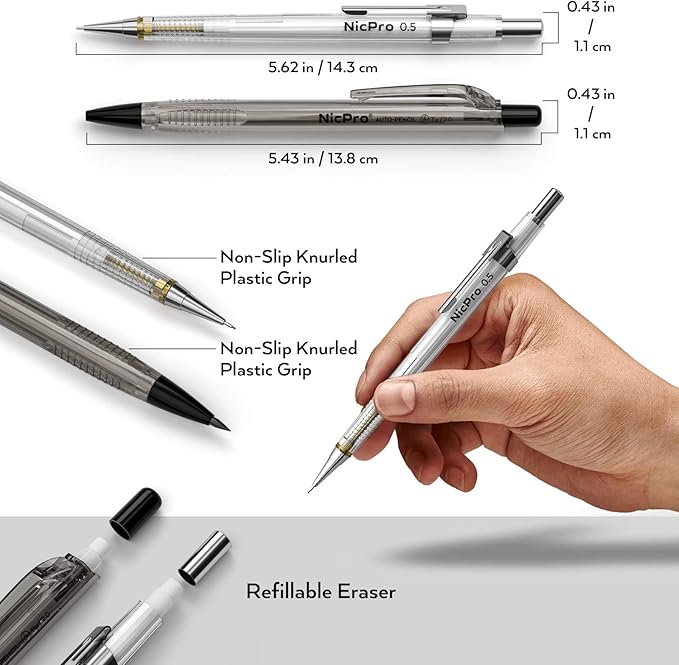 Nicpro 6PCS Art Mechanical Pencil Set, 4PCS Drafting Pencils 0.3 & 0.5 & 0.7 & 0.9 mm & 2PCS 2mm Lead Holder (4B 2B HB 2H) For Writing, Sketching Drawing With 12 Tube Lead Refills Erasers Case