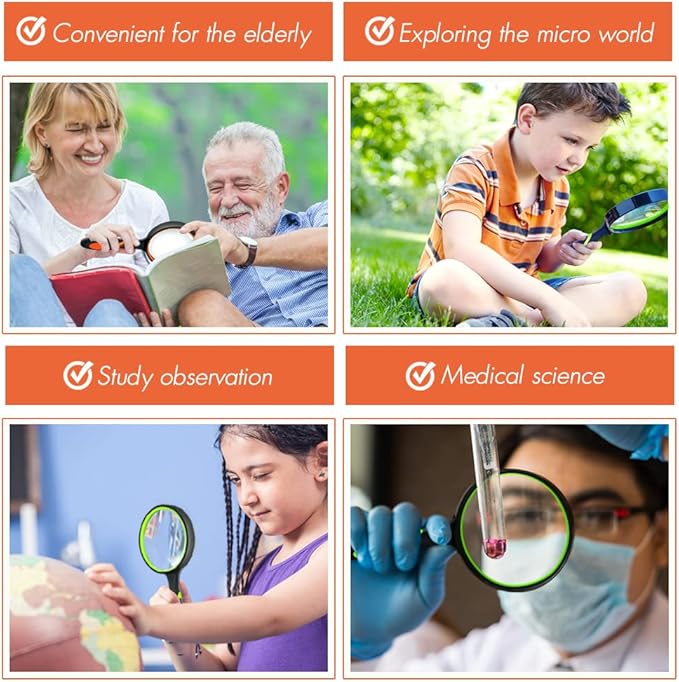 Leffis 2 Pack 10X Magnifying Glass for Seniors & Kids, Non-Slip Handheld Magnifier for Reading, 75mm Magnify Glasses Lens for Close Work, Science and Hobby Observation Green and Orange