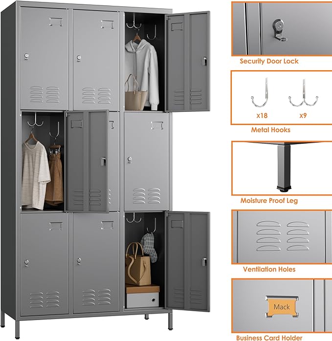 9 Doors Metal Locker with 27 Hooks and Business Card Holder,Metal Lockers for Employees with Ventilation Holes for School Office Gym Garage,Assembly Required,Dark Grey
