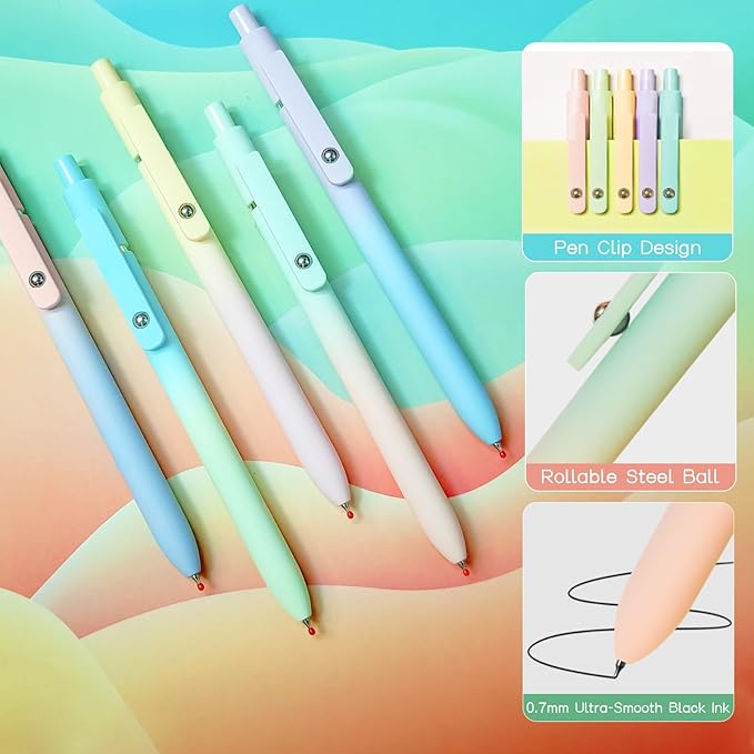 Gel Pens, 5 Pcs Black Ink Pens for Women, 0.7mm Medium Point Smooth Writing Pens with Silicone Grip, High-End Series Metal Clip Retractable Pens for Journaling Note Taking (5 Pcs Pastel)