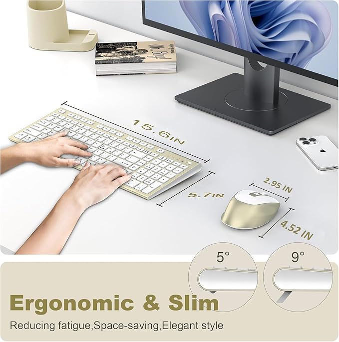 Wireless Keyboard and Mouse, USB Type C Rechargeable Slim Silent Keyboard Mouse, Compact Full-Size Keyboard with Number Pad and Cover for Windows, macOS, PC/Computer/Laptop - Gold