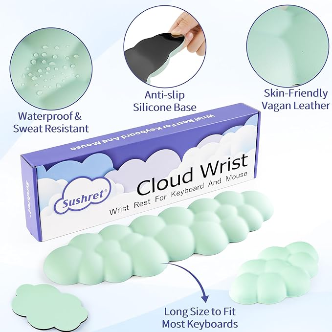 Cloud Wrist Rest Keyboard, Cloud Palm Rest Set with PU Leather Memory Foam, Cute Keyboard Rest for Wrist Support and Arm Rest, Desk Cloud Wrist Pad for PC/Gaming/Laptop/Computer-Light Green