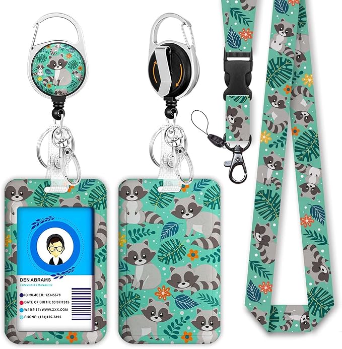 Raccoon Lanyards for Id Badges, Cute Badge Reel Heavy Duty with Carabiner Clip, Fashionable ID Badge Holder with Breakaway Lanyard, Teacher Nurse Office Christmas Gifts