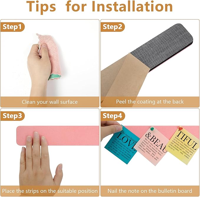 Felt Pin Board Bar Strips Bulletin Board for Bedrooms Offices Home Wall Decoration, Notice Board Self Adhesive Cork Board with 35 Push Pins for Paste Notes, Photos, Schedules