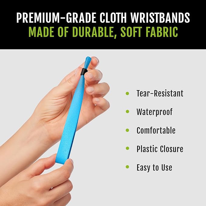 Wristco 100 Blue Cloth Event Wristbands – Plastic Closure to Prevent Transfer or Reuse – Premium-Grade Fabric Bracelets for Party Entry, Summer Camp, VIP Identification, Drink Ticket ID