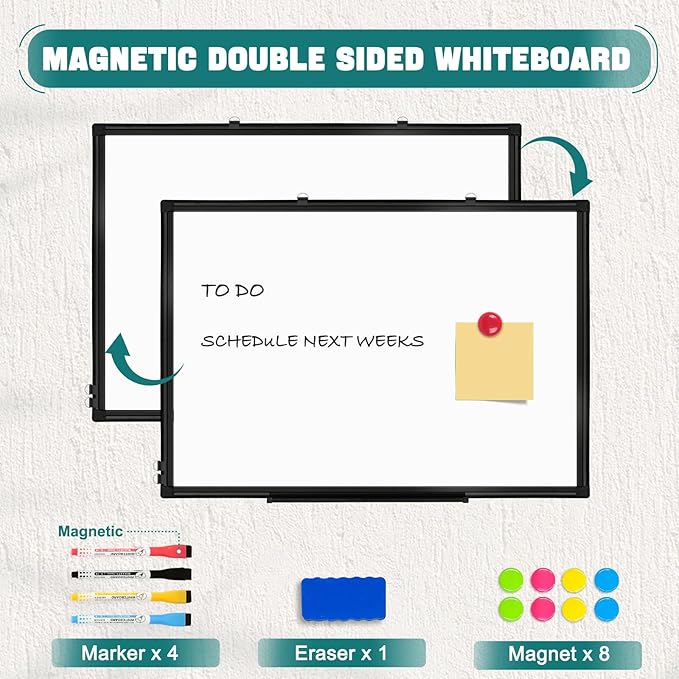 Double Sided Magnetic White Board, 36"x24" Dry Erase Whiteboard for Wall with Aluminum Frame Presentation Board for School, Office and Home