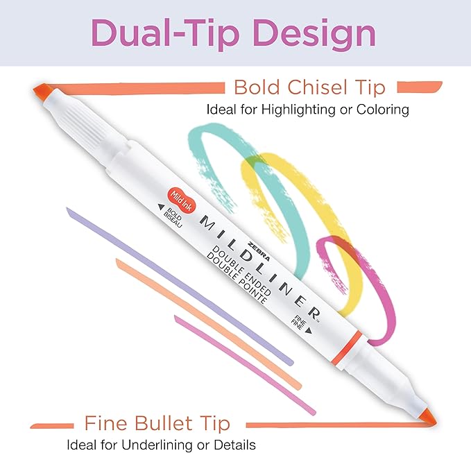 Zebra Pen Mildliner Double-Ended Highlighter Set, Chisel and Bullet Point Tips, No Bleed Bible Assorted Neutral and Gentle Ink Colors, 10-Pack, Model Number: 78701
