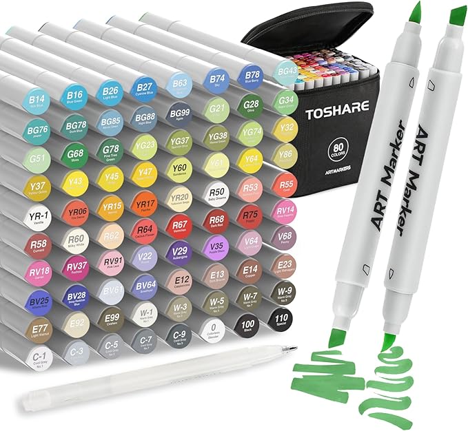 80 Colors Alcohol Markers Set - Double Tip Art Markers Alcohol Based Marker Brush&Chisel Nib Blender Art Pens Permanent Sketch Marker for Kids Adults Coloring and Artist Illustration