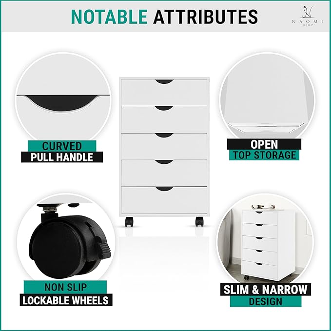 Naomi Home Office File Cabinets Wooden File Cabinets for Home Office Lateral Cabinet Wood Cabinet Mobile Mobile Storage Filing Storage Drawer White 5 Drawer