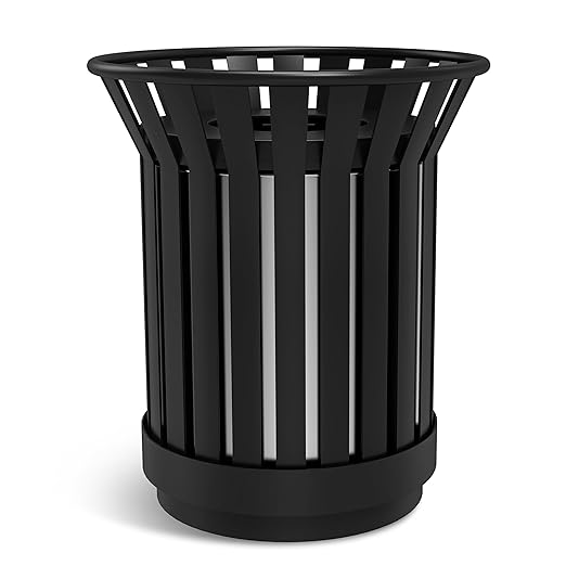 25.2IN Large Round Large Outdoor Trash Can, Heavy Duty Metal Slatted Garbage Can Outdoor, All Weather Resistant Commercial Garbage Cans, Waste Receptacle in Park, School, Beach, Patio Black