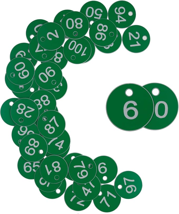 StayMax Plastic ID Number Tags Engraved Tags Key Tags Without Key Rings (1-50, Green)
