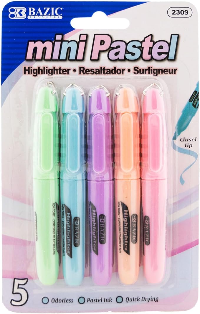 BAZIC Mini Highlighter Pen Pastel Color, Chisel Tip Broad Fine Line Highlighters Unscented (5/Pack), 1-Pack