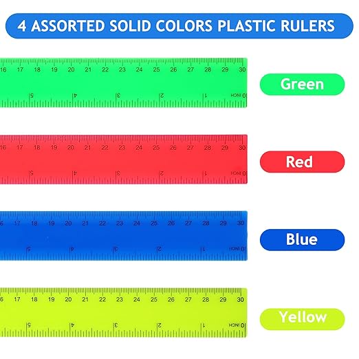 Zonon 500 Pcs 12 Inch Plastic Ruler Assorted Colors Rulers with Centimeters Millimeter and Inches Shatterproof Straightedge Bulk for Classroom School Home Office Kids