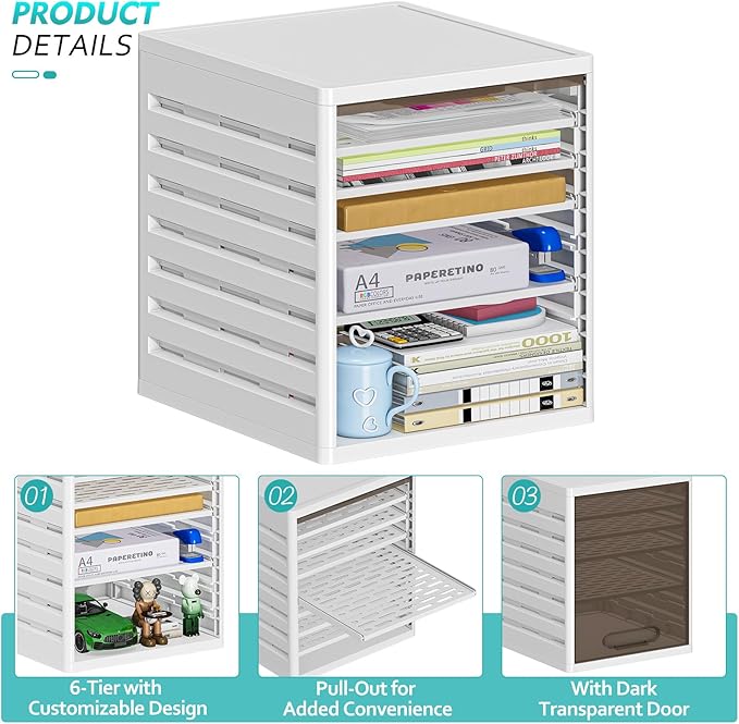 5 Tray Paper Organizer with Doors - Desktop File/Letter Organizer, Plastic Paper Sorter with Drawers for Office, Home or School - Dust-Proof Design