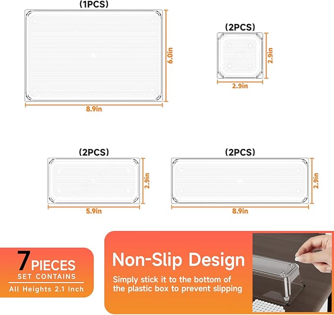 7 Pack Clear Plastic Drawer Organizer Set,4 Sizes Bathroom Drawer Organizers and Storage Bins,Vanity Drawer Organizer for Makeup, Cosmetics, Jewelry, Utensils, Gadgets,Office In Drawer Organizer Trays
