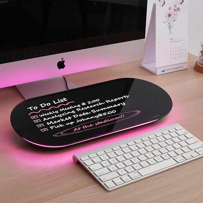 TSJ OFFICE Glass Desktop Whiteboard - 17 X 7 Inches Small Dry Erase Board with Pink Light, Glass White Board Surface Notepad with 1 Drawer, Desk Organizers for Office, Home, School Supplies (Black)