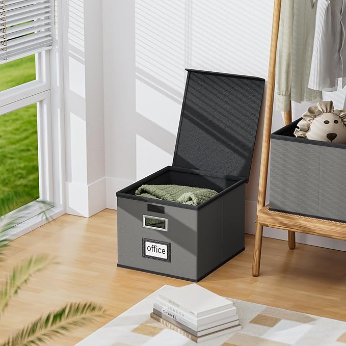 Huolewa File Organizer Boxes with Lids, Collapsible Faux Leather Hanging File Folder Box Organizer with Plastic Slide, Decorative Home/Office Filing System Boxes for File and Folders Storage