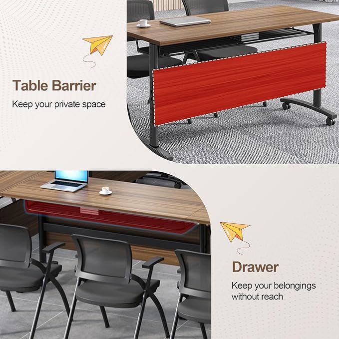 Folding Conference Room Table, Modern Conference Tables with Wheels, Large Rectangular Mobile Training Tables for Office Classroom, Foldable Modular Boardroom Seminar Table Walnut (2pack L63in)