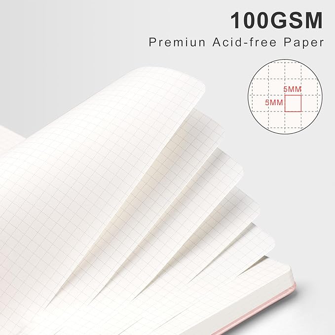 AHGXG Graph Paper Notebook - Spiral Notebook Hardcover Leather Journal 140 Pages, A5 Grid Paper Notebook 5.7" x 8.3", 100 gsm Thick Paper, for School Writing Graphing Engineering, Rose Gold