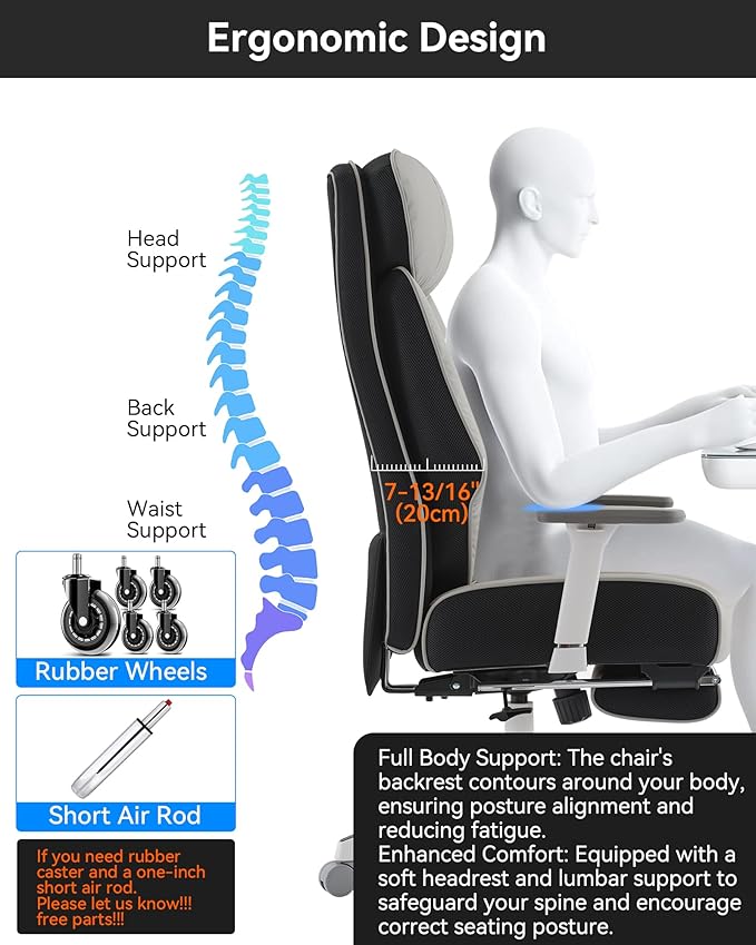 DJ·Wang Big and Tall Office Chair 400lbs with Foot Rest, High Back Executive Office Chair with Extra-Thick Spring Cushion, Ergonomic Leather Chairs Gray