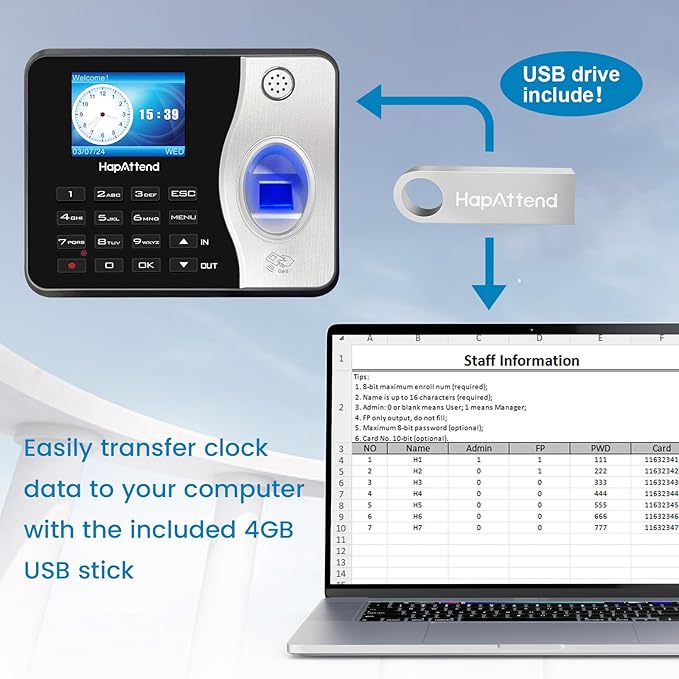 Time Clocks for Employees Small Business Automatic Calculate Hours, 0 Monthly Fees Fingerprint Time Clock, H3 Standalone Biometric Clock in Machine for Employees with 5 RFID Cards