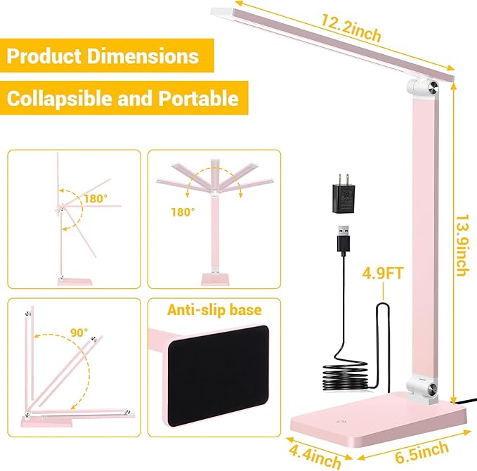 LED Desk Lamp for Home Office, 3 Levels Dimmable Reading Desk Light with USB Charging Port, Desk Accessories Touch Control Table Lamp, Eye-Caring Small Study Lamp for College Dorm Room, Pink, 5000K