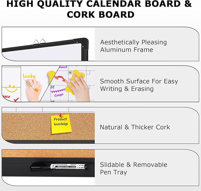 EAONE 36x24 in Double Side Whiteboard Calendar & Cork Board Combo for Wall, 3 in 1 Magnetic Dry Erase Whiteboard Monthly Calendar and Bulletin Board with Aluminum Frame for Home Office Kitchen