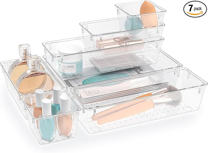 7 PCS Clear Plastic Drawer Organizers Set, 4 Size Desk Drawer Organizer Trays for Makeup, Jewelry, Kitchen Utensils, Gadgets and Office Accessories