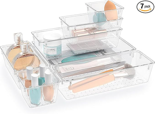 7 PCS Clear Plastic Drawer Organizers Set, 4 Size Desk Drawer Organizer Trays for Makeup, Jewelry, Kitchen Utensils, Gadgets and Office Accessories
