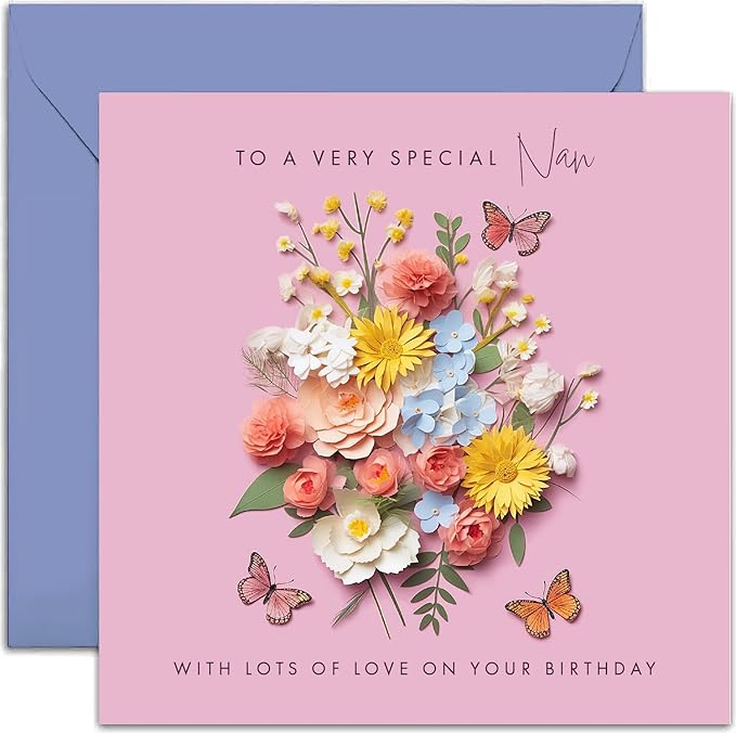 Old English Co. Special Nan Birthday Card for Her - Pink Flower Butterfly Artwork Birthday Card for Nan from Grandchildren - Cute Nan Birthday Card for Her | Not 3D Card