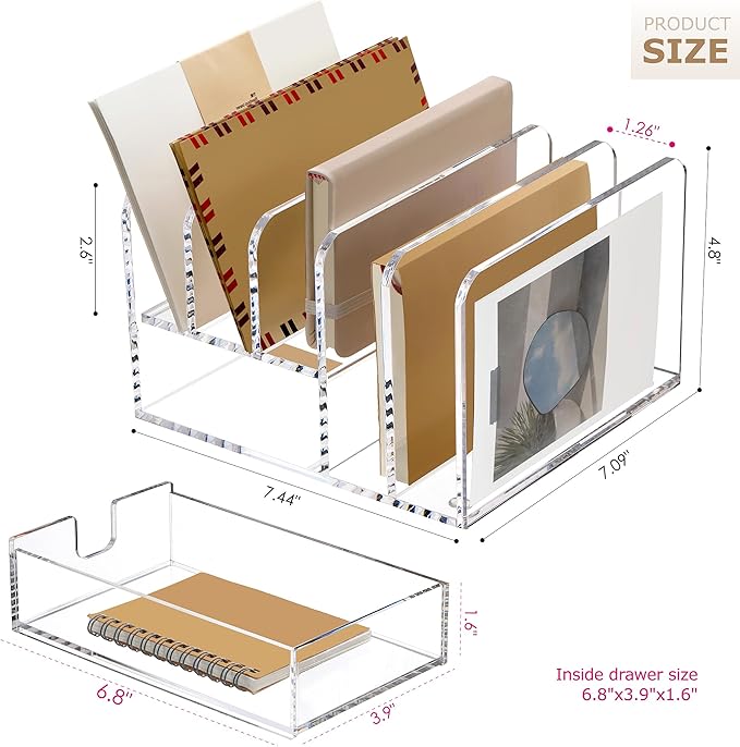 SANRUI Acrylic Mail Sorter Desktop Organizer Holder with Drawer, 5 Compartments Clear Small File Script Letter Document Storage for Desk Bill Filling Envelope Holder Office, Home, School Organization