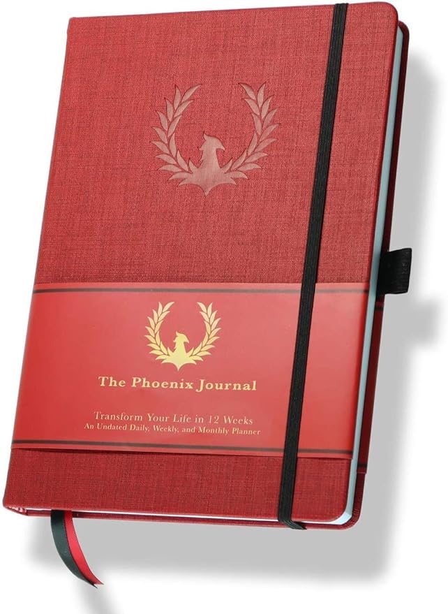 The Phoenix Journal - Best Daily Goal Planner, Organizer, & Calendar for Goal Setting, Gratitude, Happiness, & Productivity - Vision Board & Habit Tracking - 12 Weeks, Undated, Hardcover (Crimson)