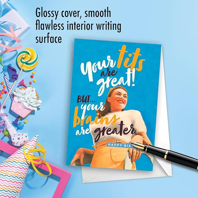 NobleWorks - Funny Happy Birthday Card with Envelope - Colorful Humor Card, Greeting Note - Brains Are Greater C6675BDG