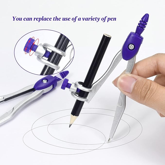 Math Geometry Kit Sets 10 Piece Student Supplies with Shatterproof Storage Box,Includes Rulers,Protractor,Compass,Eraser,Pencil Sharpener,Lead Refills,Pencil,for Drafting（Purple）
