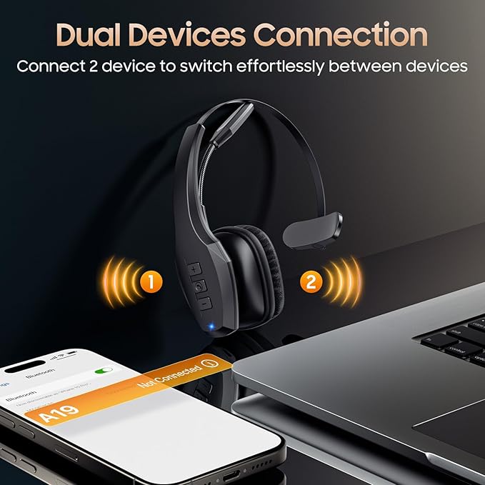 Trucker Bluetooth Headset, Wireless Headset with Mic, Bluetooth Headsets with Dual Noise Cancelling Microphone & Mute Button, 55Hrs Working Time PC Headsets for Cell Phones, Computer, Truck Driver