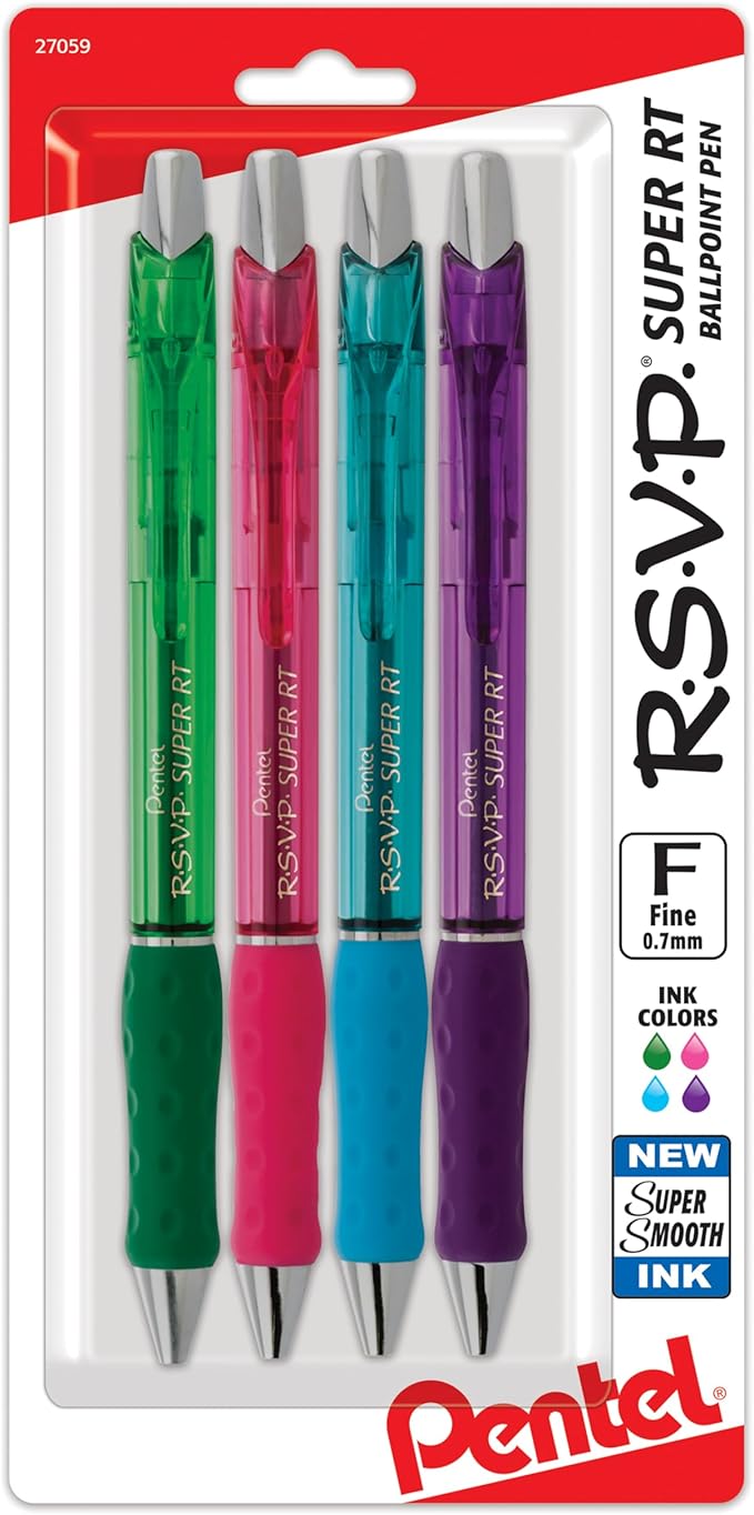 Pentel RSVP Super RT Ballpoint Pen, (0.7mm) Fine Line, Assorted Ink, (DPSV), 4-pk - BX477BP4M1