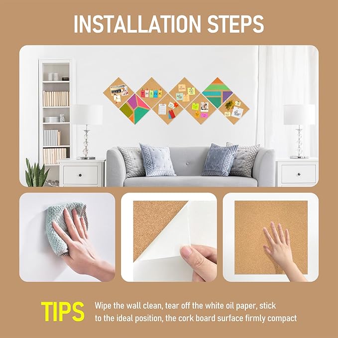 Cork Board Tiles - 4 Packs Adhesive Corkboards for Wall, Small Cork Board Squares Decorative for Office, School & Home